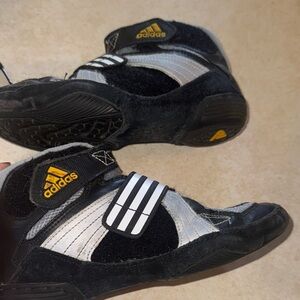 Adidas Black and White boys Wrestling Shoes with Gold Accents